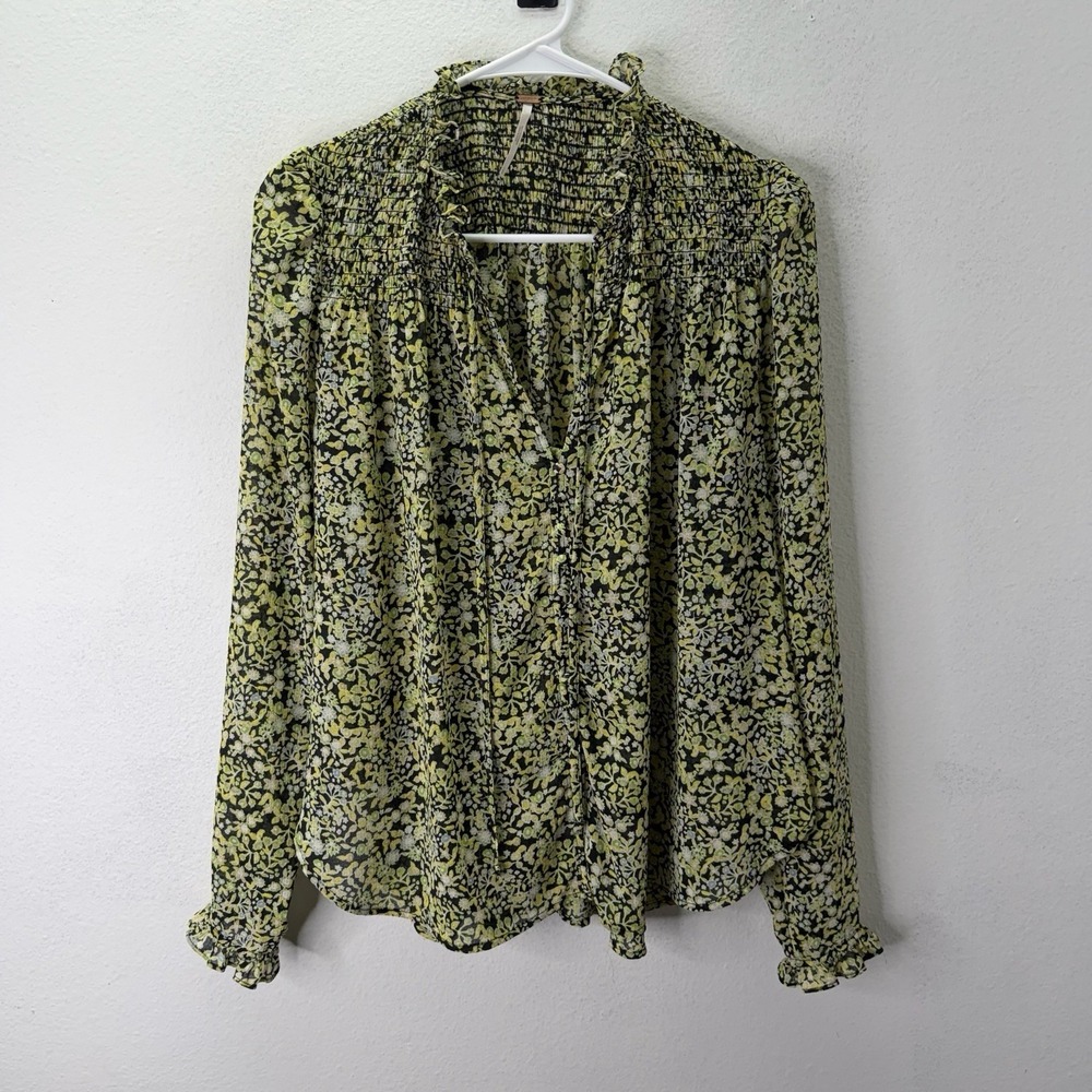 Free People Chiffon Floral Button Peasant Long Sleeve Top Balloon Sleeves Sz S